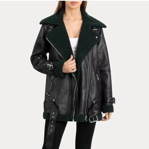 Avec Les Filles Green Faux Sherpa Biker Jacket